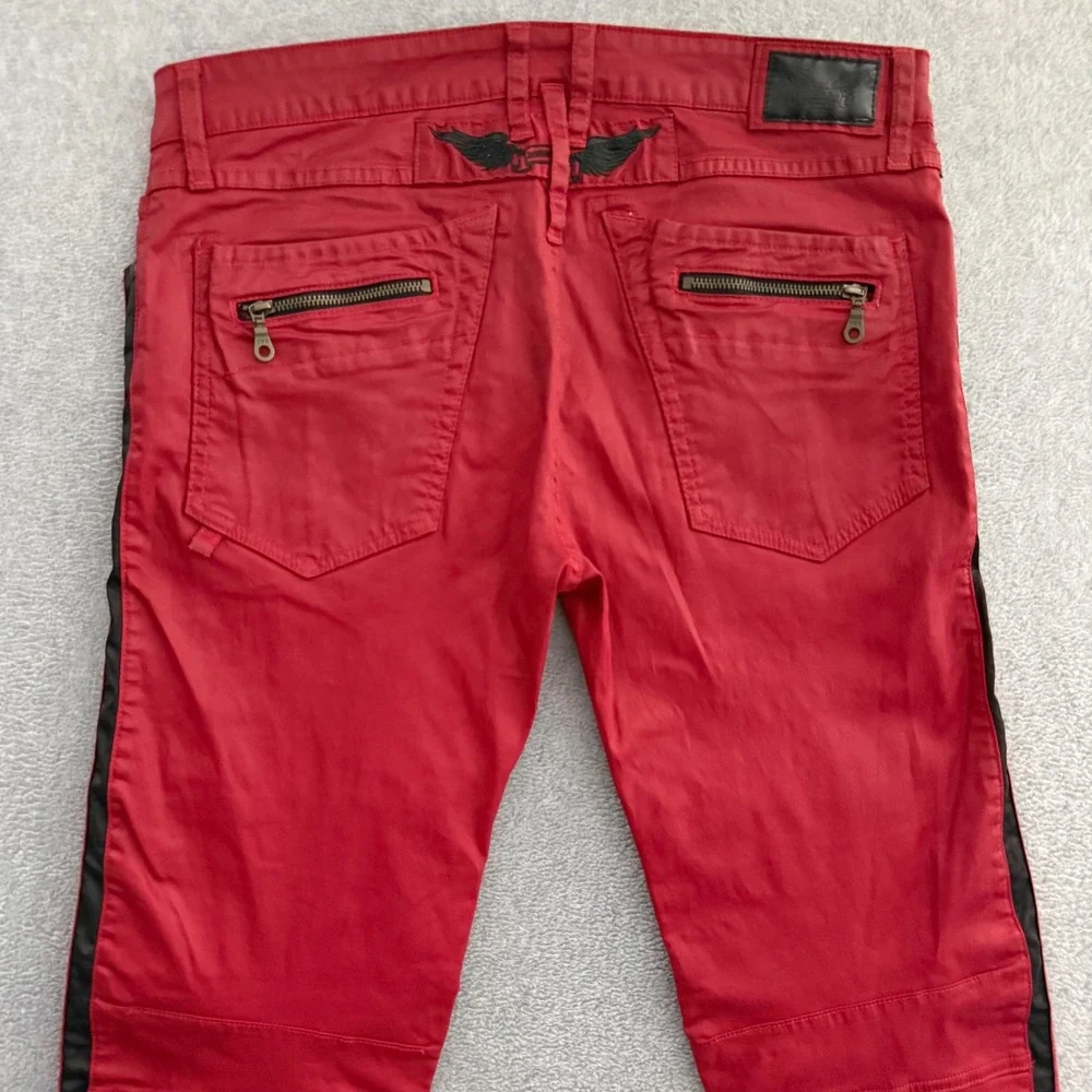 Robin's Jean Mens Red Biker Moto Jeans Quilted Knee Side Stripe Size 34x33 USA